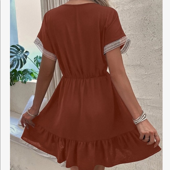 Boho Sheer Mesh Crochet Lace Flounce Sleeve Ruffle Dress - Picture 2 of 15